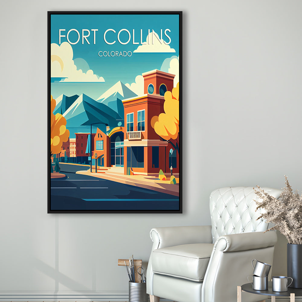 Fort Collins Colorado Retro Art Print, Fort Collins Colorado City Wall Art, Floating Framed Canvas Print, Framed Picture