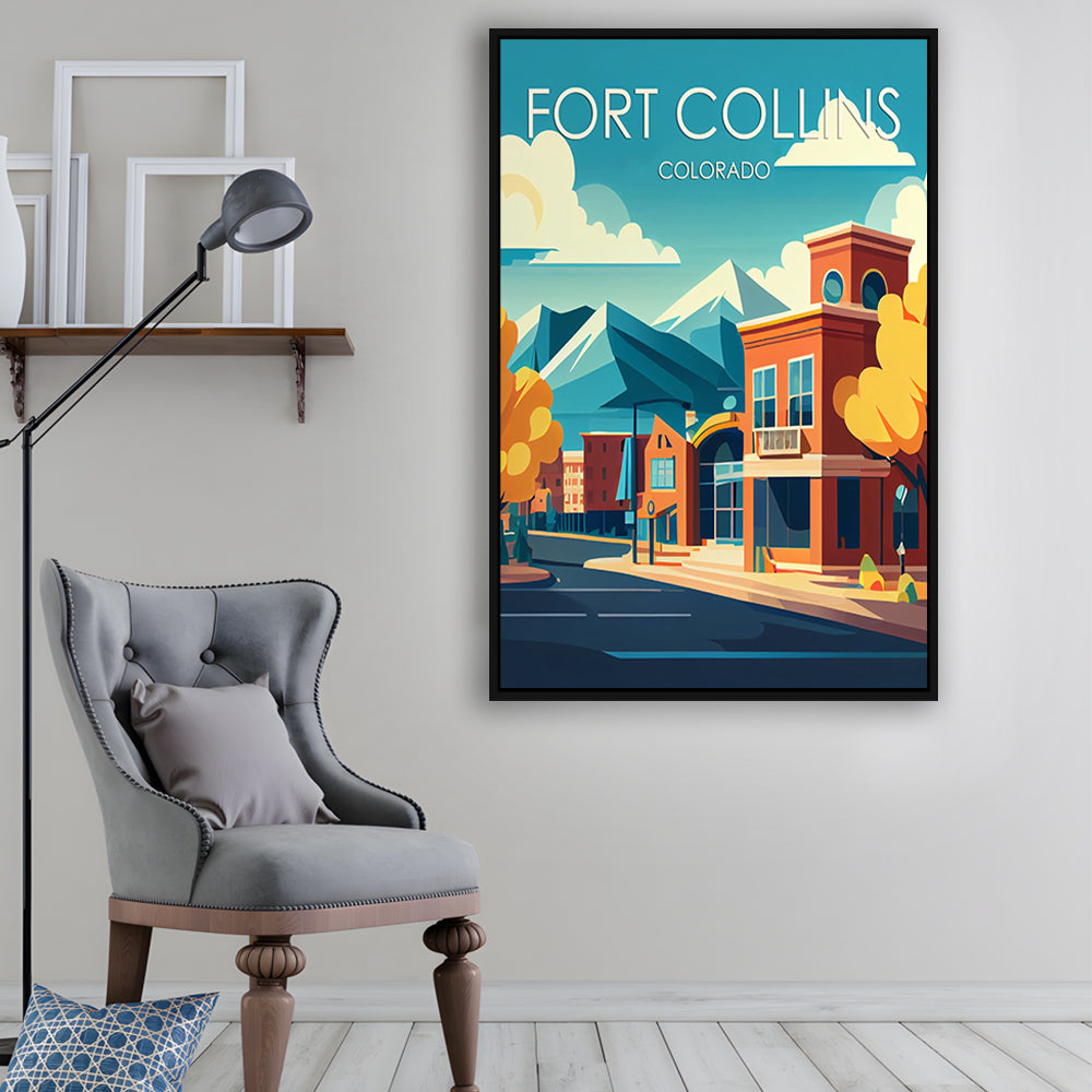 Fort Collins Colorado Retro Art Print, Fort Collins Colorado City Wall Art, Floating Framed Canvas Print, Framed Picture