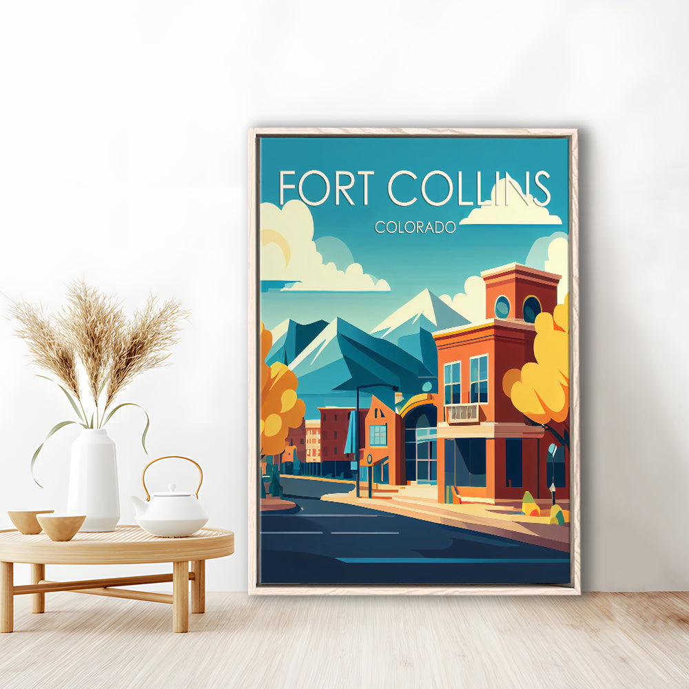 Fort Collins Colorado Retro Art Print, Fort Collins Colorado City Wall Art, Floating Framed Canvas Print, Framed Picture
