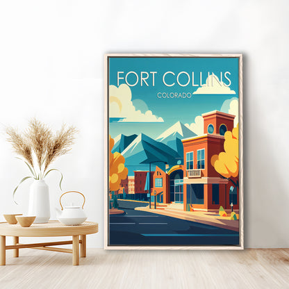 Fort Collins Colorado Retro Art Print, Fort Collins Colorado City Wall Art, Floating Framed Canvas Print, Framed Picture