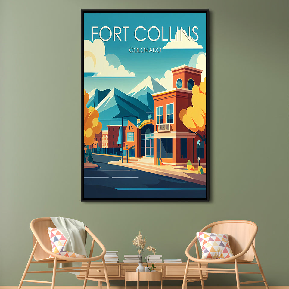 Fort Collins Colorado Retro Art Print, Fort Collins Colorado City Wall Art, Floating Framed Canvas Print, Framed Picture