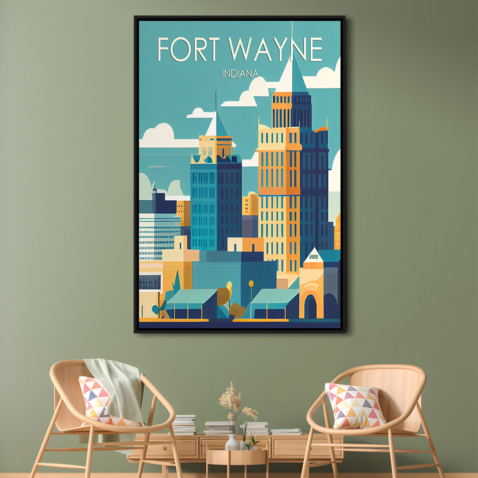 Fort Wayne Retro Art Print, Fort Wayne City Wall Art, Floating Framed Canvas Print, Framed Picture, Painting Canvas