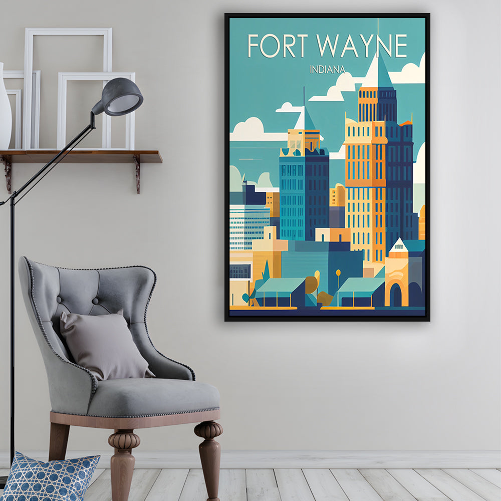 Fort Wayne Retro Art Print, Fort Wayne City Wall Art, Floating Framed Canvas Print, Framed Picture, Painting Canvas