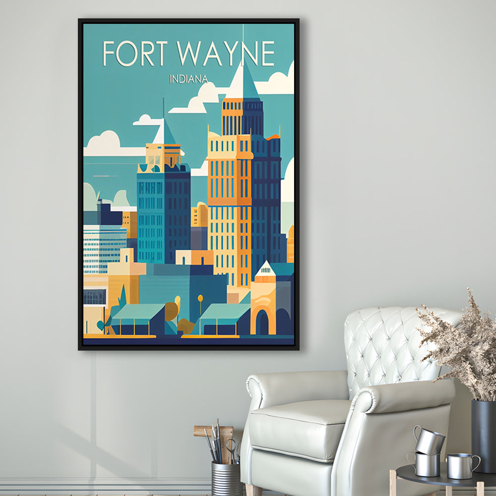 Fort Wayne Retro Art Print, Fort Wayne City Wall Art, Floating Framed Canvas Print, Framed Picture, Painting Canvas