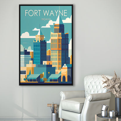 Fort Wayne Retro Art Print, Fort Wayne City Wall Art, Floating Framed Canvas Print, Framed Picture, Painting Canvas