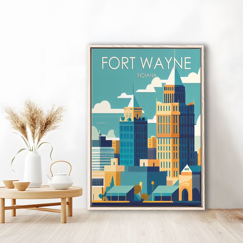 Fort Wayne Retro Art Print, Fort Wayne City Wall Art, Floating Framed Canvas Print, Framed Picture, Painting Canvas