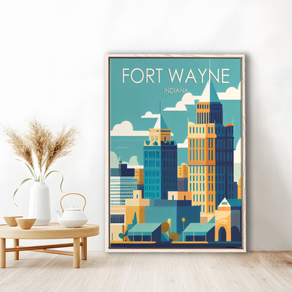 Fort Wayne Retro Art Print, Fort Wayne City Wall Art, Floating Framed Canvas Print, Framed Picture, Painting Canvas
