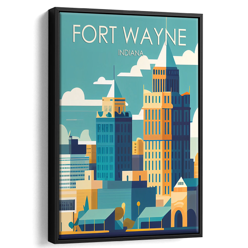 Fort Wayne Retro Art Print, Fort Wayne City Wall Art, Floating Framed Canvas Print, Framed Picture, Painting Canvas