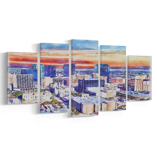 Fort Worth Watercolor Painting Canvas, Fort Worth Texas, Sport Art, Mixed 5 Panel, Canvas Print Wall Art