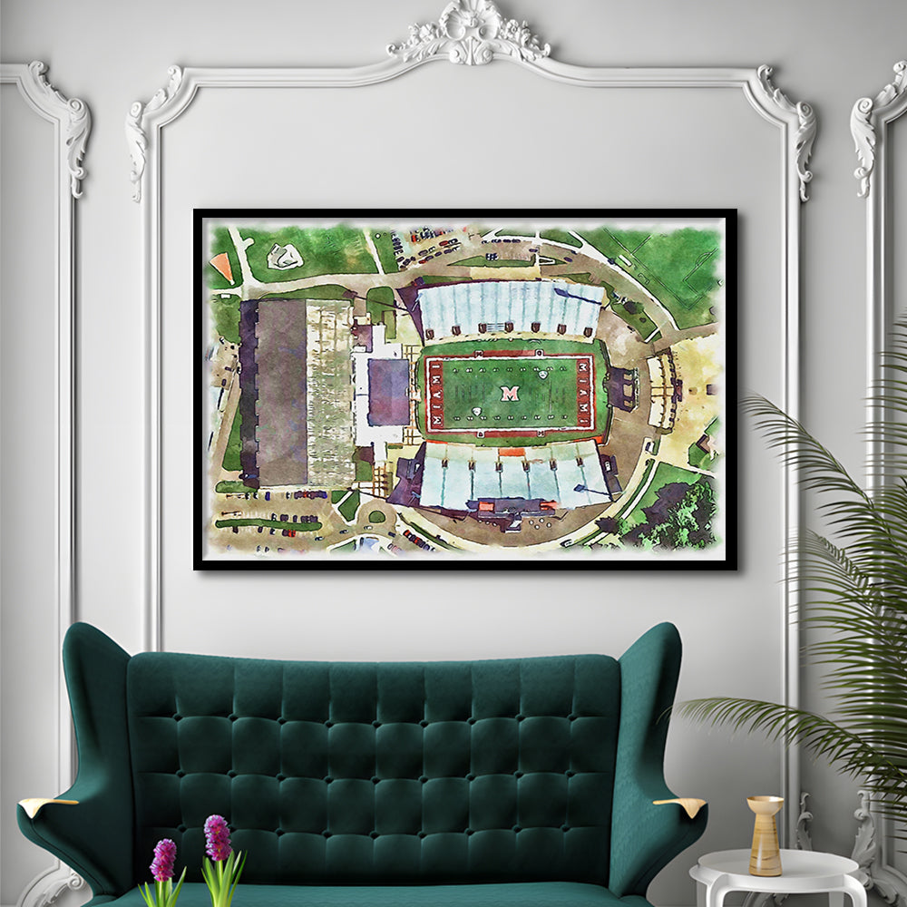 Fred C Yager Painting Stadium Watercolor, Oxford Ohio Watercolor, Sport Gift Art, Framed Art Print Wall Decor