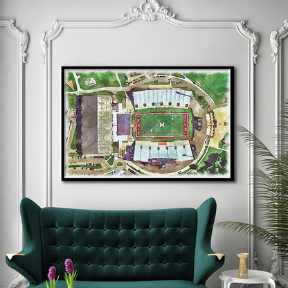Fred C Yager Painting Stadium Watercolor, Oxford Ohio Watercolor, Sport Gift Art, Framed Art Print Wall Decor