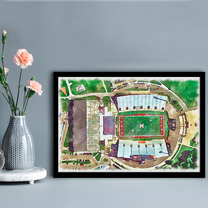 Fred C Yager Painting Stadium Watercolor, Oxford Ohio Watercolor, Sport Gift Art, Framed Art Print Wall Decor