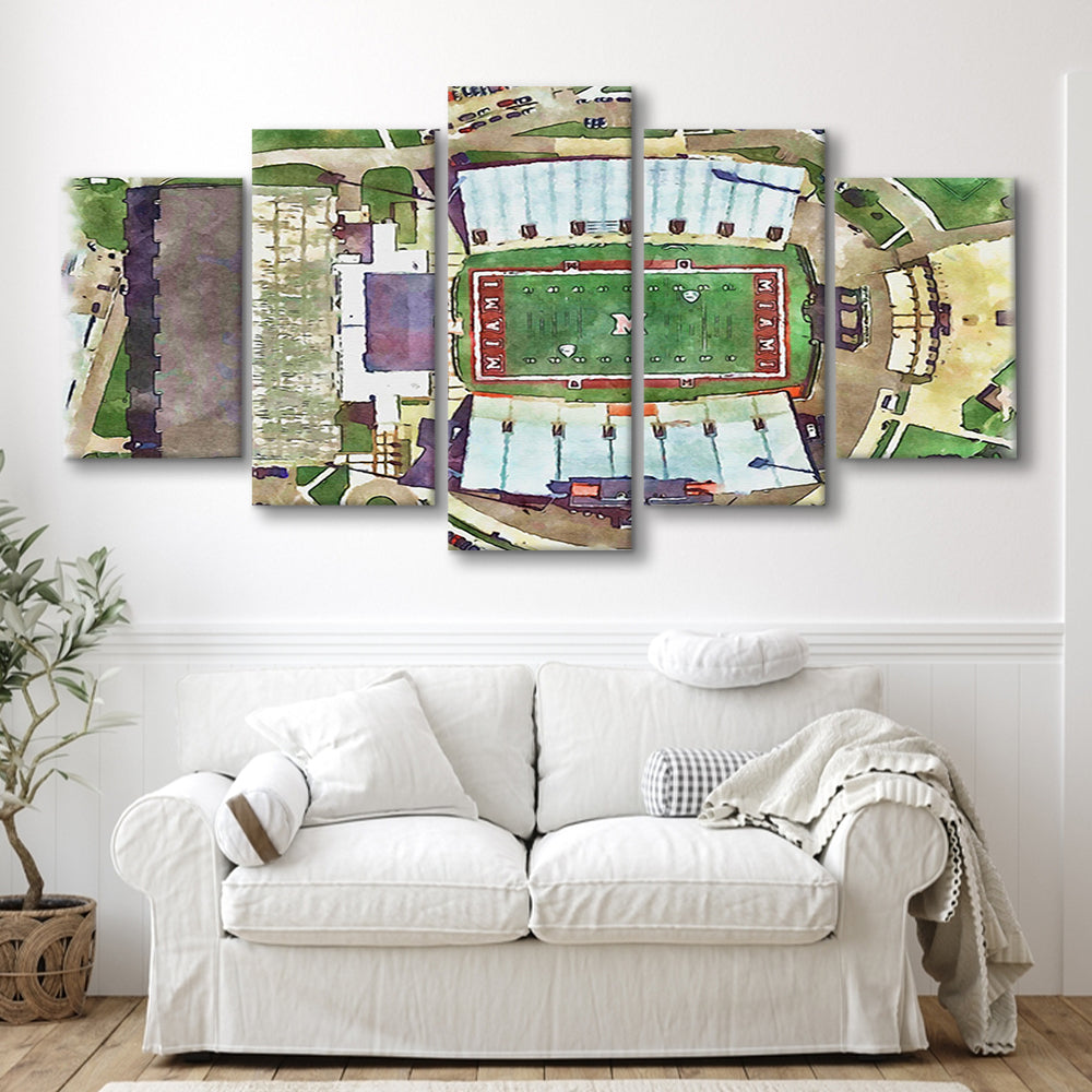 Fred C Yager Painting Stadium Watercolor, Oxford Ohio Watercolor, Sport Art, Mixed 5 Panel, Canvas Print Wall Art