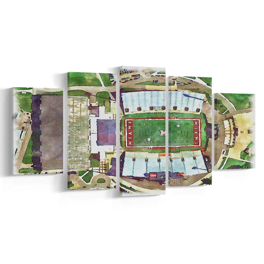 Fred C Yager Painting Stadium Watercolor, Oxford Ohio Watercolor, Sport Art, Mixed 5 Panel, Canvas Print Wall Art