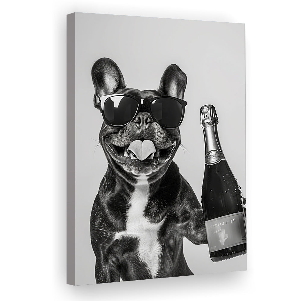 French Bulldog Holding Champagne Canvas Print Wall Art, Black and White, Frenchie Gift, Pet Art,, Home Bar Decor
