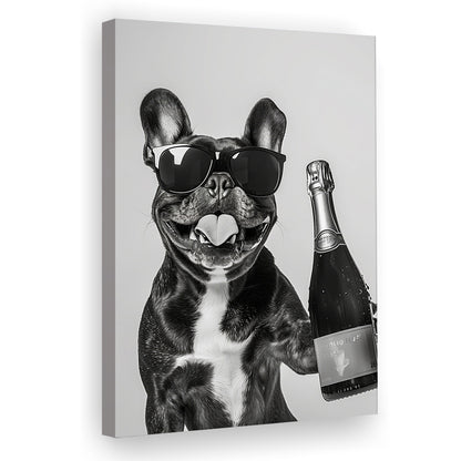 French Bulldog Holding Champagne Canvas Print Wall Art, Black and White, Frenchie Gift, Pet Art,, Home Bar Decor