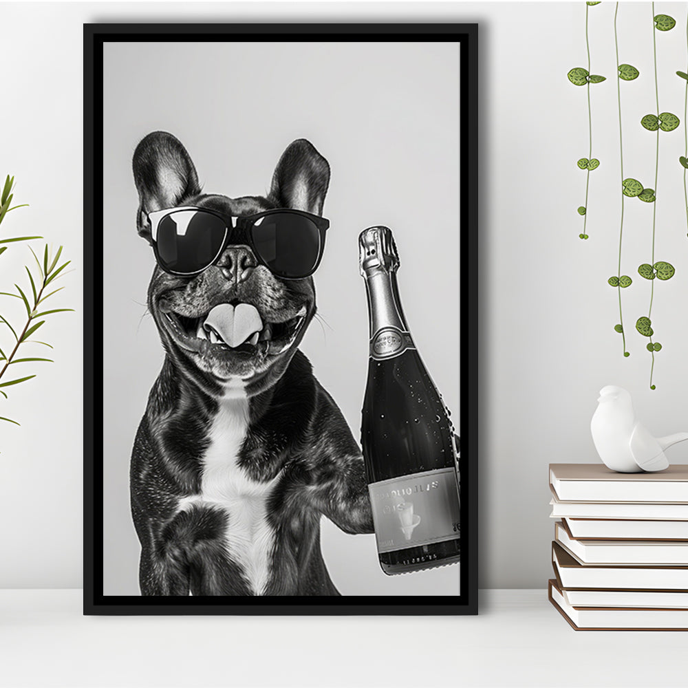 French Bulldog Holding Champagne Framed Canvas Print Wall Art, Black and White, Frenchie Gift, Pet Art, Home Bar Decor