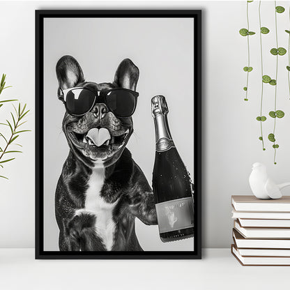 French Bulldog Holding Champagne Framed Canvas Print Wall Art, Black and White, Frenchie Gift, Pet Art, Home Bar Decor