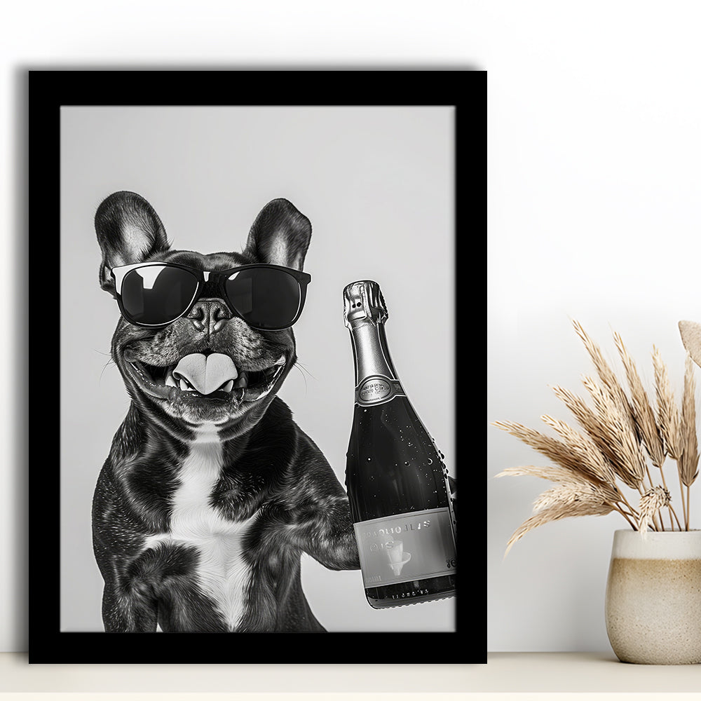 French Bulldog Holding Champagne Framed Art Print Wall Decor, Black and White, Frenchie Gift, Pet Art, Home Bar Decor