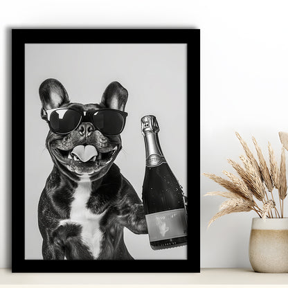 French Bulldog Holding Champagne Framed Art Print Wall Decor, Black and White, Frenchie Gift, Pet Art, Home Bar Decor
