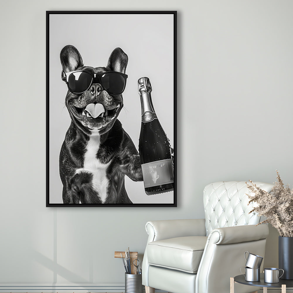 French Bulldog Holding Champagne Framed Canvas Print Wall Art, Black and White, Frenchie Gift, Pet Art, Home Bar Decor