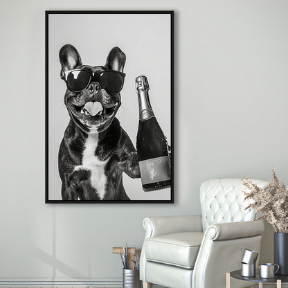 French Bulldog Holding Champagne Framed Canvas Print Wall Art, Black and White, Frenchie Gift, Pet Art, Home Bar Decor