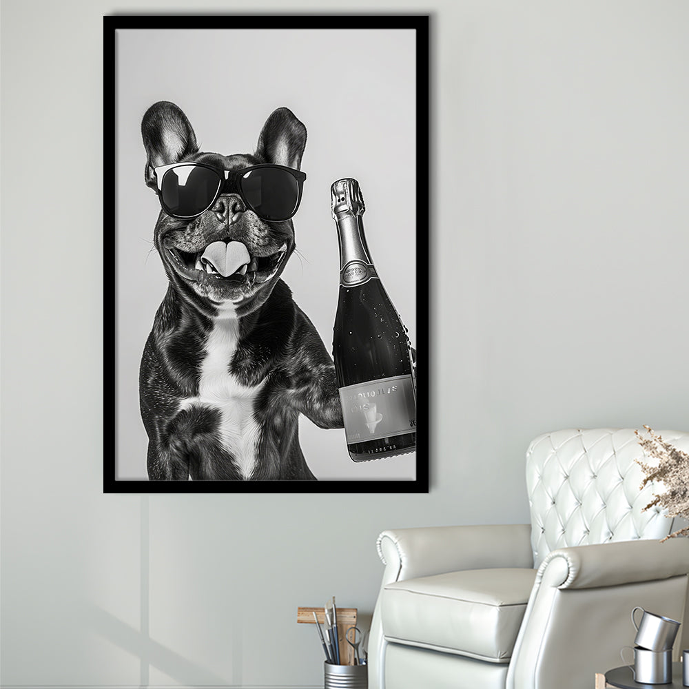 French Bulldog Holding Champagne Framed Art Print Wall Decor, Black and White, Frenchie Gift, Pet Art, Home Bar Decor