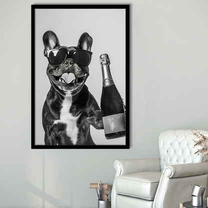 French Bulldog Holding Champagne Framed Art Print Wall Decor, Black and White, Frenchie Gift, Pet Art, Home Bar Decor