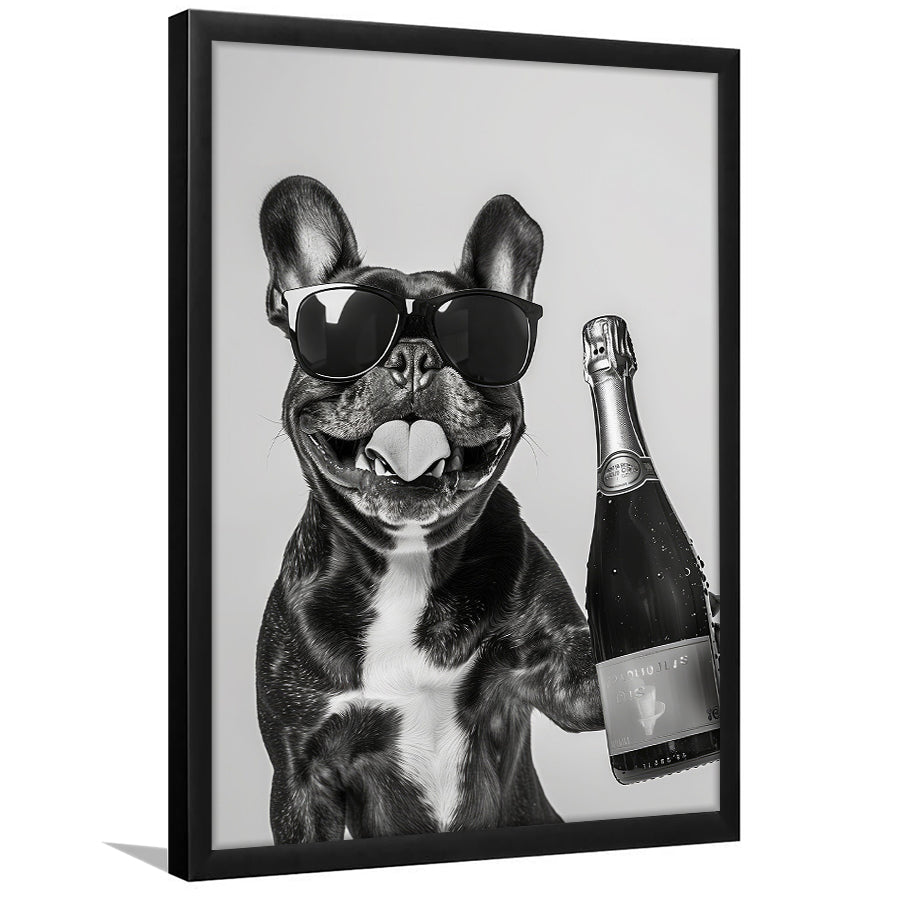 French Bulldog Holding Champagne Framed Art Print Wall Decor, Black and White, Frenchie Gift, Pet Art, Home Bar Decor