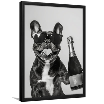 French Bulldog Holding Champagne Framed Art Print Wall Decor, Black and White, Frenchie Gift, Pet Art, Home Bar Decor