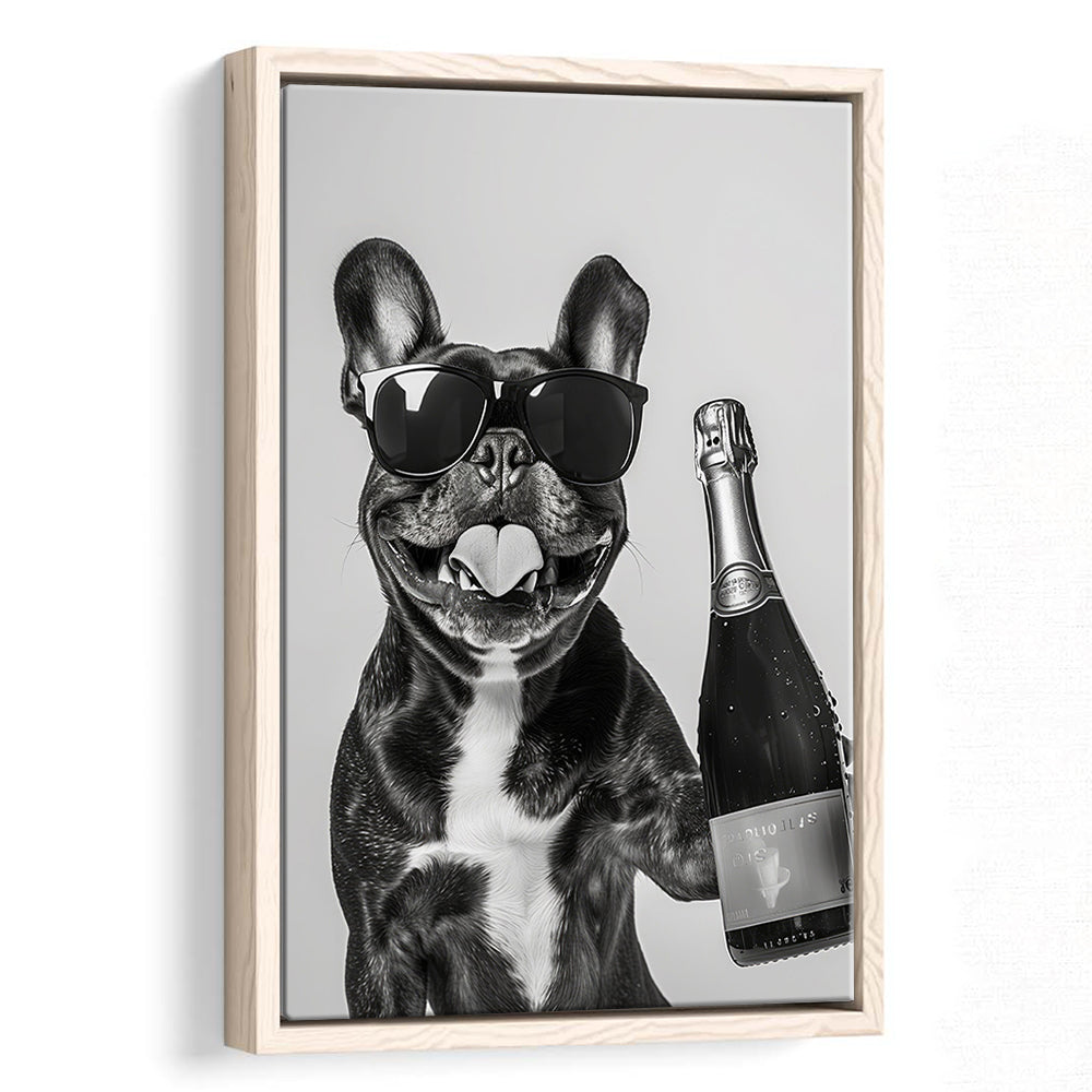 French Bulldog Holding Champagne Framed Canvas Print Wall Art, Black and White, Frenchie Gift, Pet Art, Home Bar Decor