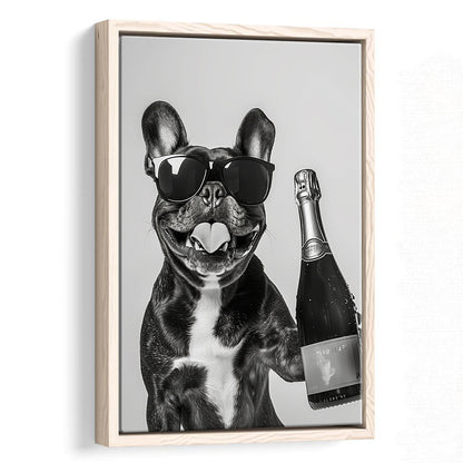 French Bulldog Holding Champagne Framed Canvas Print Wall Art, Black and White, Frenchie Gift, Pet Art, Home Bar Decor
