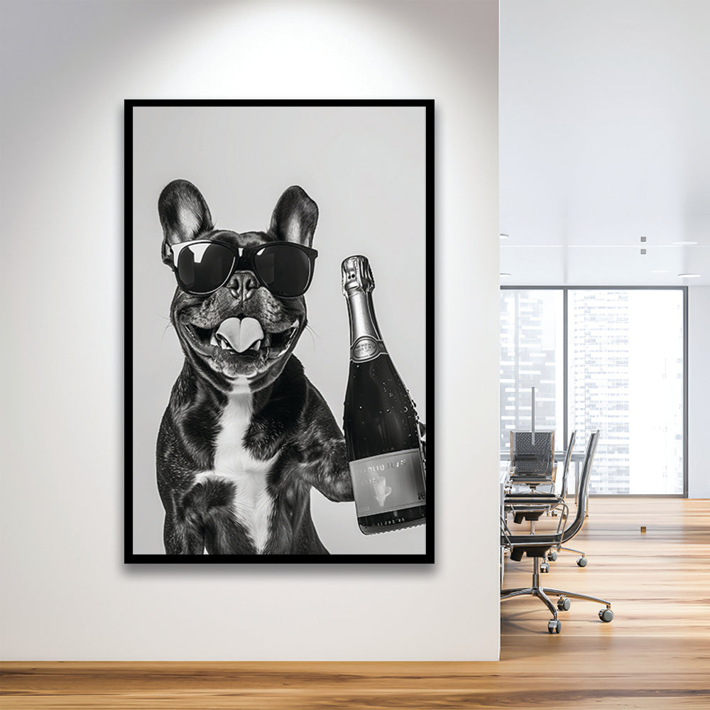 French Bulldog Holding Champagne Framed Art Print Wall Decor, Black and White, Frenchie Gift, Pet Art, Home Bar Decor