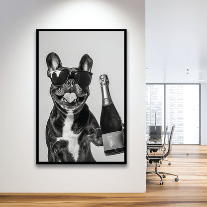 French Bulldog Holding Champagne Framed Art Print Wall Decor, Black and White, Frenchie Gift, Pet Art, Home Bar Decor