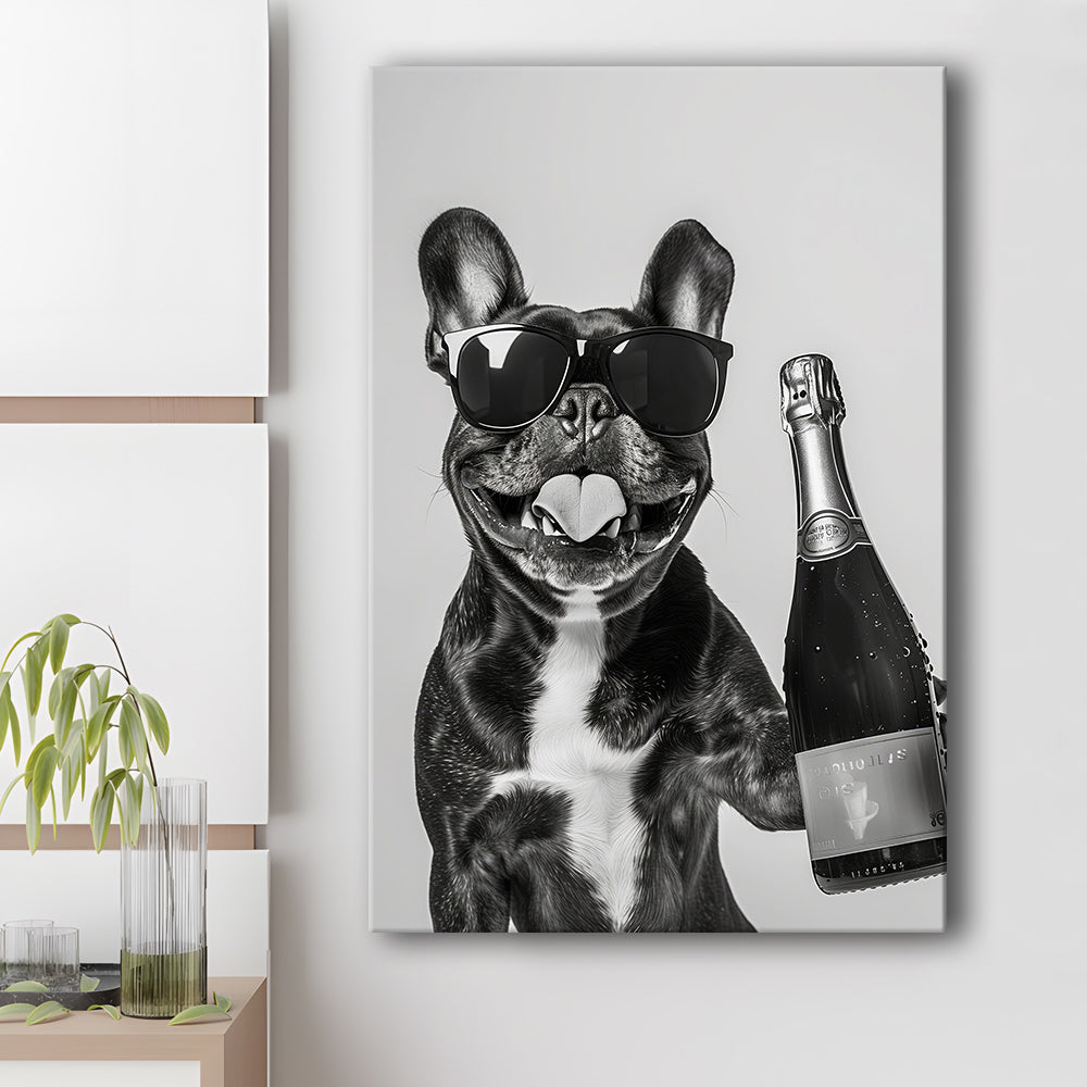 French Bulldog Holding Champagne Canvas Print Wall Art, Black and White, Frenchie Gift, Pet Art,, Home Bar Decor