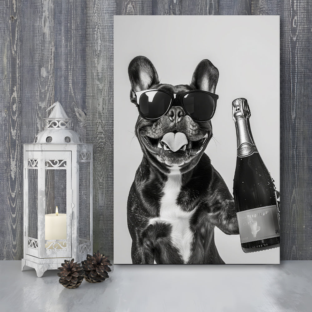 French Bulldog Holding Champagne Canvas Print Wall Art, Black and White, Frenchie Gift, Pet Art,, Home Bar Decor