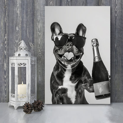 French Bulldog Holding Champagne Canvas Print Wall Art, Black and White, Frenchie Gift, Pet Art,, Home Bar Decor