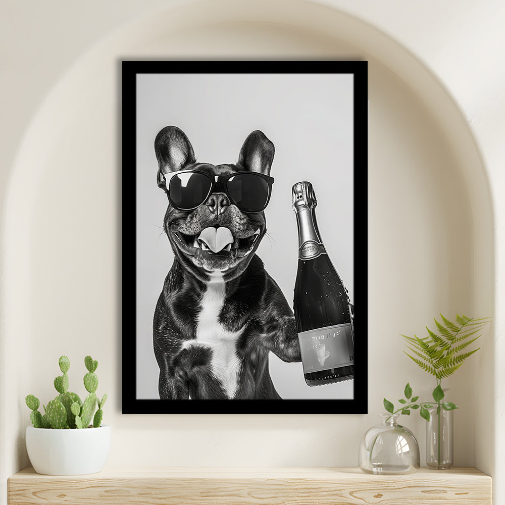 French Bulldog Holding Champagne Framed Art Print Wall Decor, Black and White, Frenchie Gift, Pet Art, Home Bar Decor