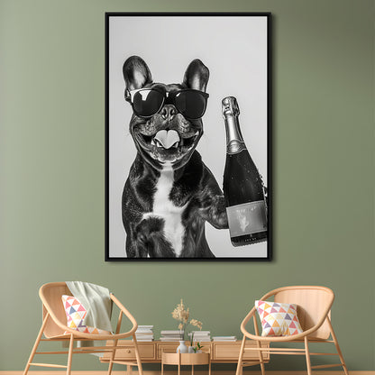 French Bulldog Holding Champagne Framed Canvas Print Wall Art, Black and White, Frenchie Gift, Pet Art, Home Bar Decor