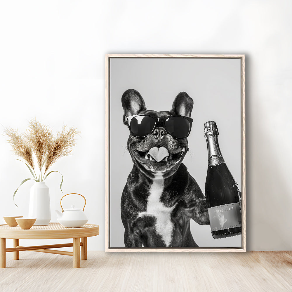 French Bulldog Holding Champagne Framed Canvas Print Wall Art, Black and White, Frenchie Gift, Pet Art, Home Bar Decor