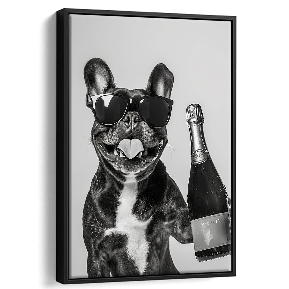 French Bulldog Holding Champagne Framed Canvas Print Wall Art, Black and White, Frenchie Gift, Pet Art, Home Bar Decor