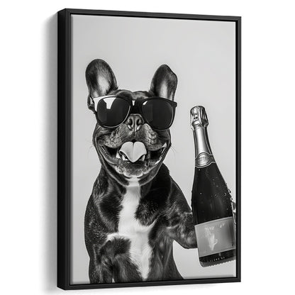 French Bulldog Holding Champagne Framed Canvas Print Wall Art, Black and White, Frenchie Gift, Pet Art, Home Bar Decor