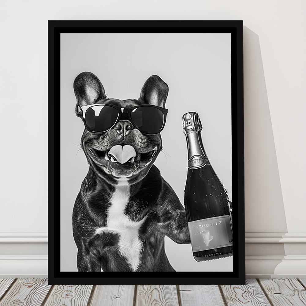 French Bulldog Holding Champagne Framed Canvas Print Wall Art, Black and White, Frenchie Gift, Pet Art, Home Bar Decor