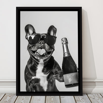 French Bulldog Holding Champagne Framed Canvas Print Wall Art, Black and White, Frenchie Gift, Pet Art, Home Bar Decor