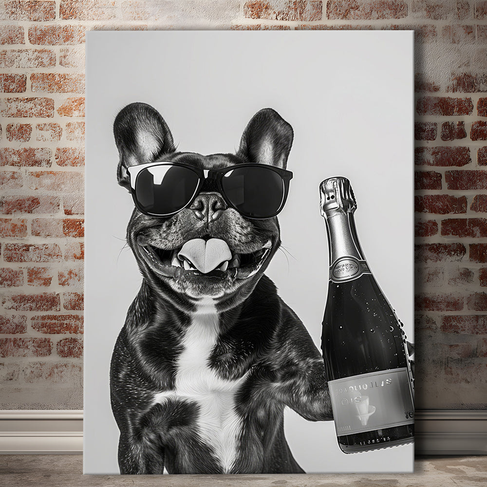 French Bulldog Holding Champagne Canvas Print Wall Art, Black and White, Frenchie Gift, Pet Art,, Home Bar Decor