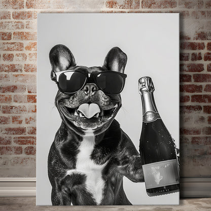 French Bulldog Holding Champagne Canvas Print Wall Art, Black and White, Frenchie Gift, Pet Art,, Home Bar Decor