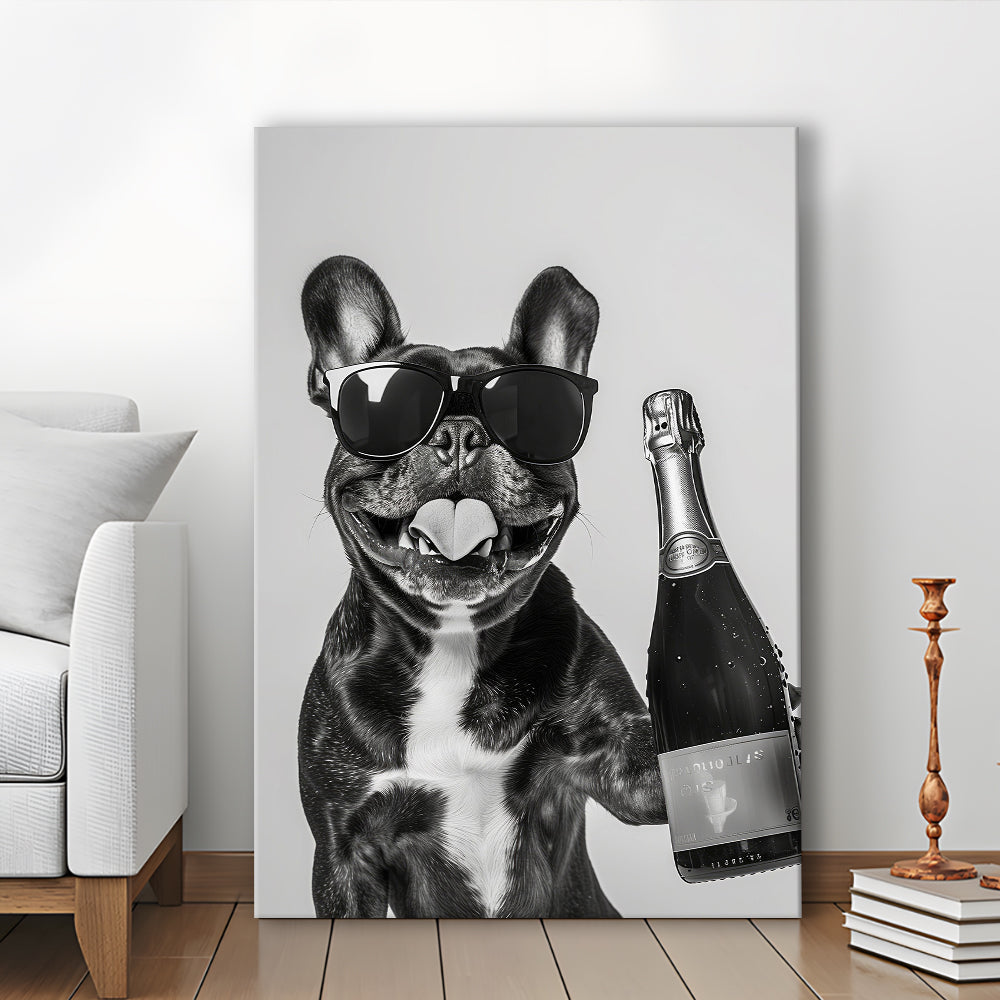 French Bulldog Holding Champagne Canvas Print Wall Art, Black and White, Frenchie Gift, Pet Art,, Home Bar Decor