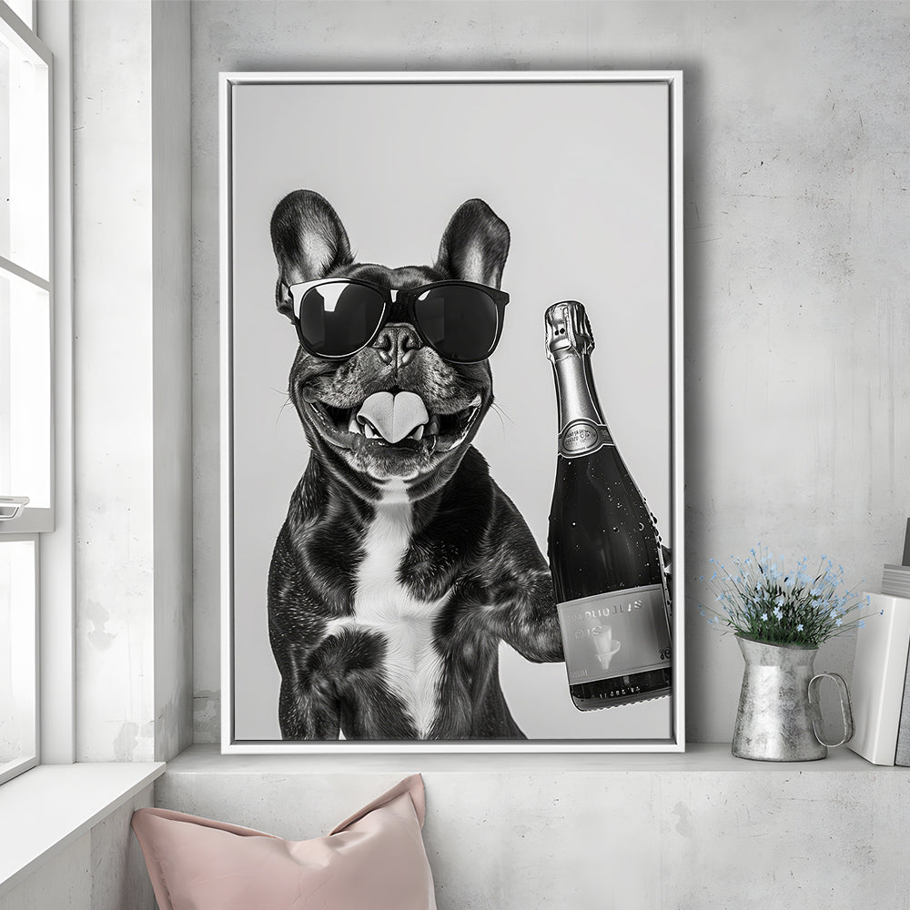 French Bulldog Holding Champagne Framed Canvas Print Wall Art, Black and White, Frenchie Gift, Pet Art, Home Bar Decor