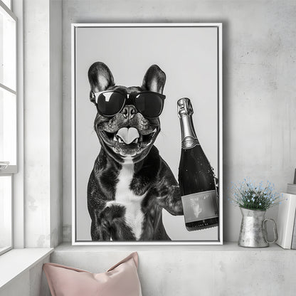 French Bulldog Holding Champagne Framed Canvas Print Wall Art, Black and White, Frenchie Gift, Pet Art, Home Bar Decor
