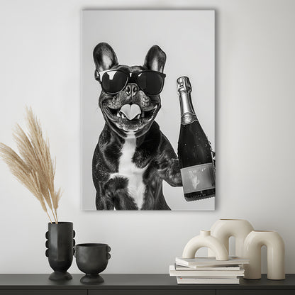 French Bulldog Holding Champagne Canvas Print Wall Art, Black and White, Frenchie Gift, Pet Art,, Home Bar Decor
